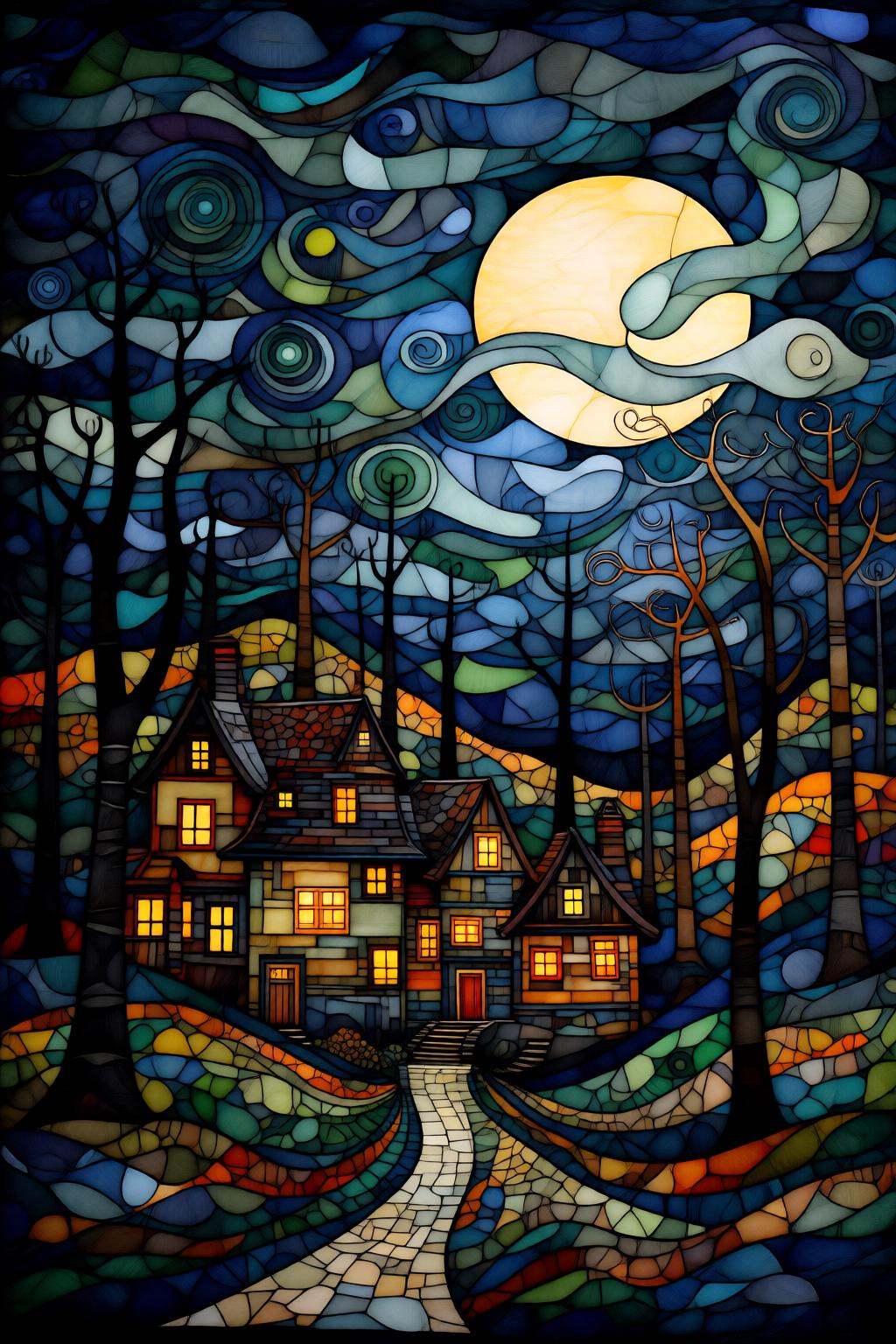 kaoruyamada2q painting. A nighttime scene rendered in a stained glass style. It features a large,  glowing yellow moon in...