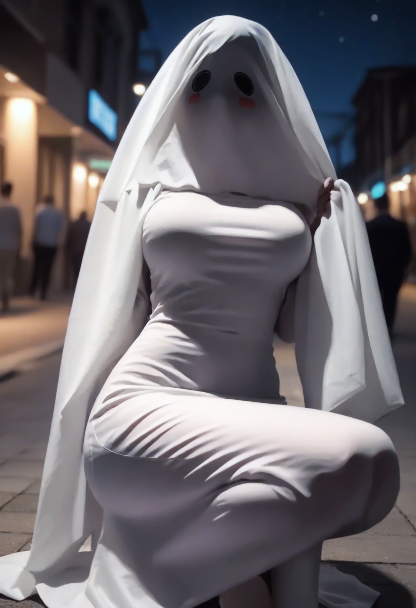 score_9,score_8_up,score_7_up,score_6_up,highres,night,aesthetic,blush,background of urban streets,masterpiece,raw,realistic,high-resolution,(detailed),(photograpy),(photorealistic),seductive smile,large breasts,depth of field,wide_shot,1girl,ghost costume,1girl,blush stickers,solo,breasts,ghost,<lora:youling:1>,wide squatting,dress,on back,