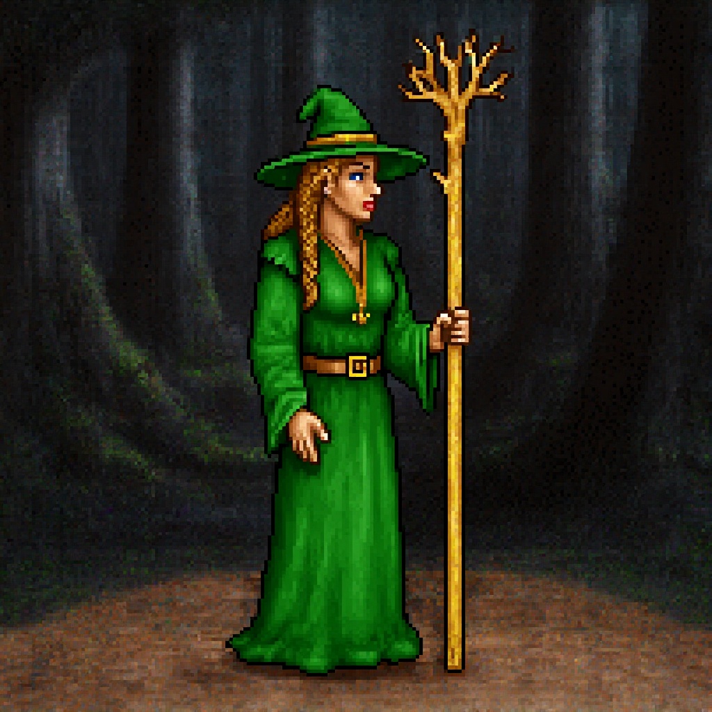 Original HoMM2 style full-height character figure of a witch faction town captain. She stands on a witch faction backgroun...
