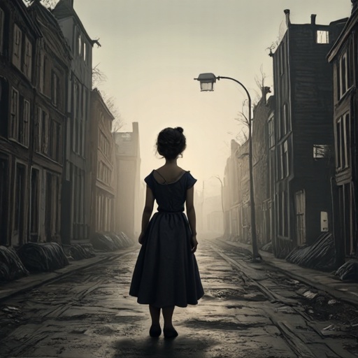 dark and gloomy children's book Artwork illustration of Gerda. She is standing in the street of post-war Berlin in 1949. D...
