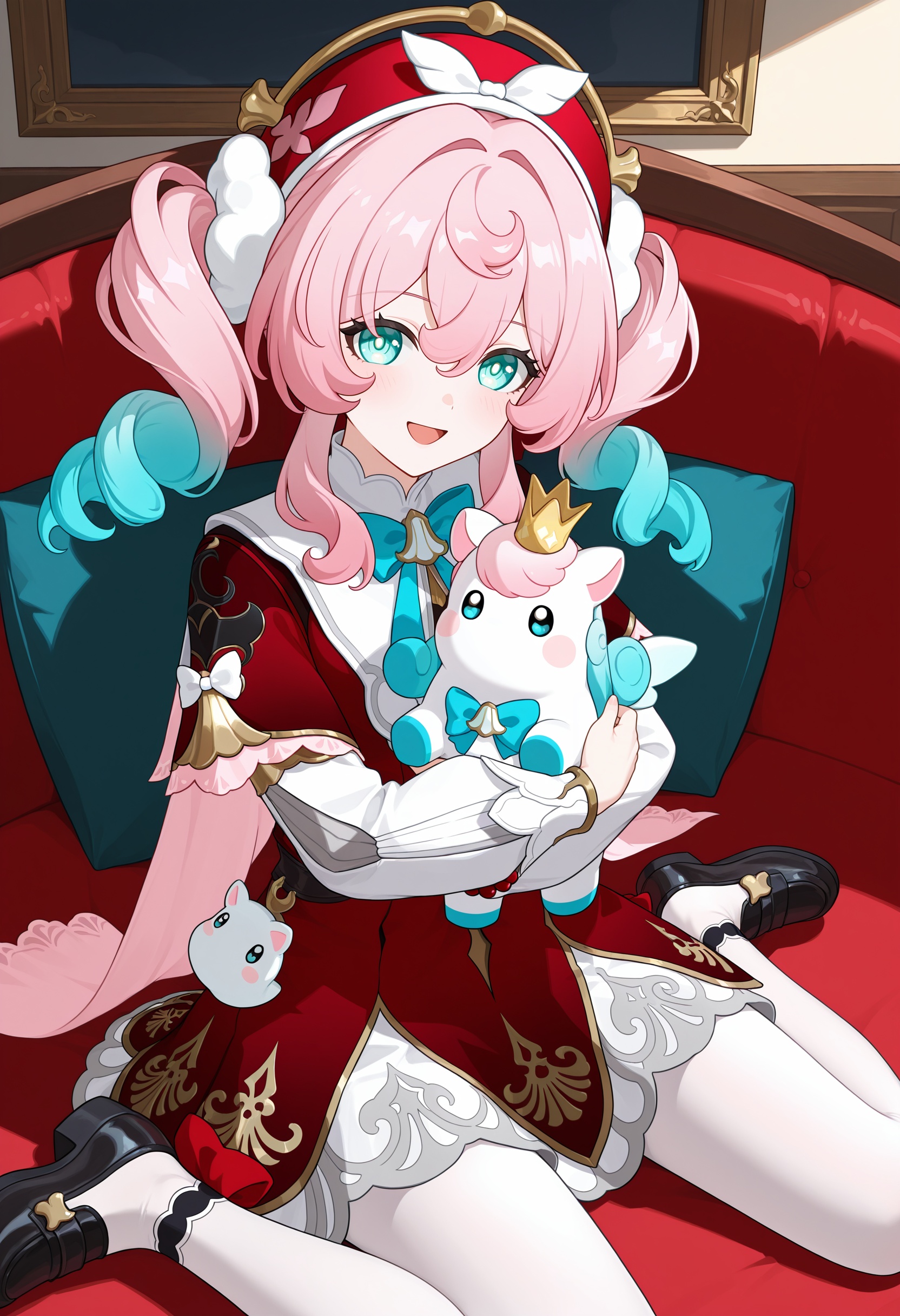 <lora:hal illustrious-1.0-000050:1>,little ica \(honkai: star rail\),hyacine \(honkai: star rail\),pink hair,smile,red dress,twintails,open mouth,looking at viewer,long sleeves,red hat,blue bow,bowtie,long hair,blue bowtie,hair between eyes,blush,:d,solo,ribbon,aqua eyes,hand up,multicolored hair,blue eyes,blue hair,holding,hug,cowboy_shot,white pantyhose,black footwear,wariza,full body,
