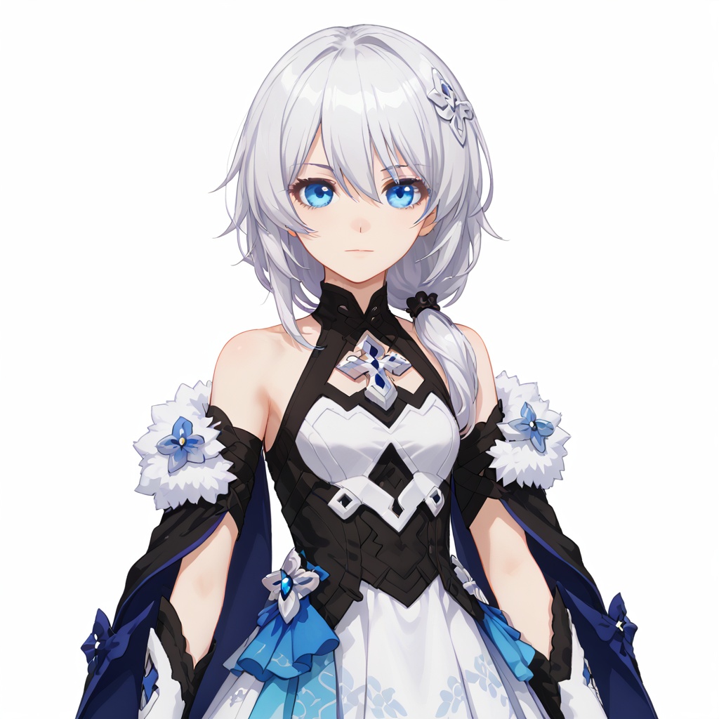 (white background:1.2),looking at viewer,(SOLO:1.4),outline,simple background,upper body, cowboy shot,looking at viewer,(((arms at side))),  theresa apocalypse,white hair,eyebrows visible through hair,blue eyes,silver hair,low-tied long hair,hair between eyes,bangs,<lora:shazi-pony:0.8>