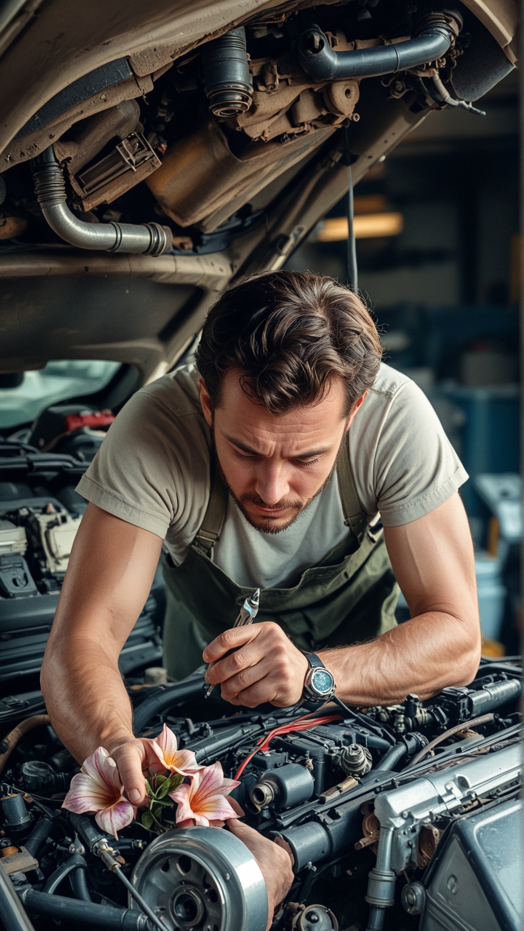 Fl0w3rGr0wnStyle man mechanic fixing a broken car on Tensor.Art