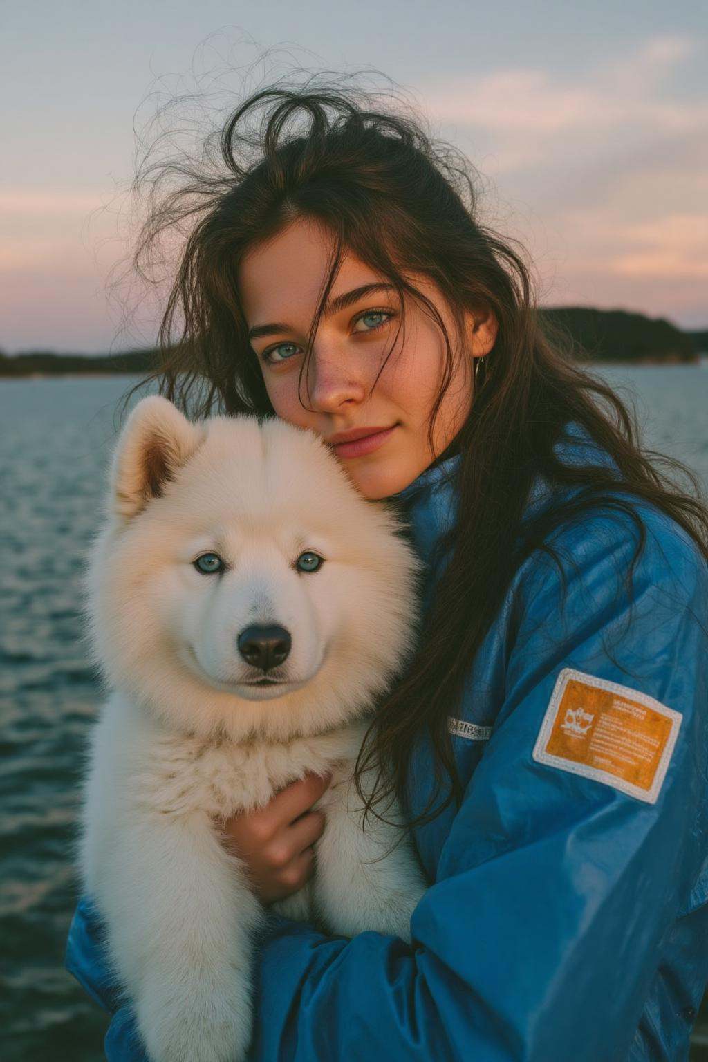 midjourney analog photograph.A young woman with blue eyes,  shown in 3/4 view,  is wearing a blue windbreaker and holds a...