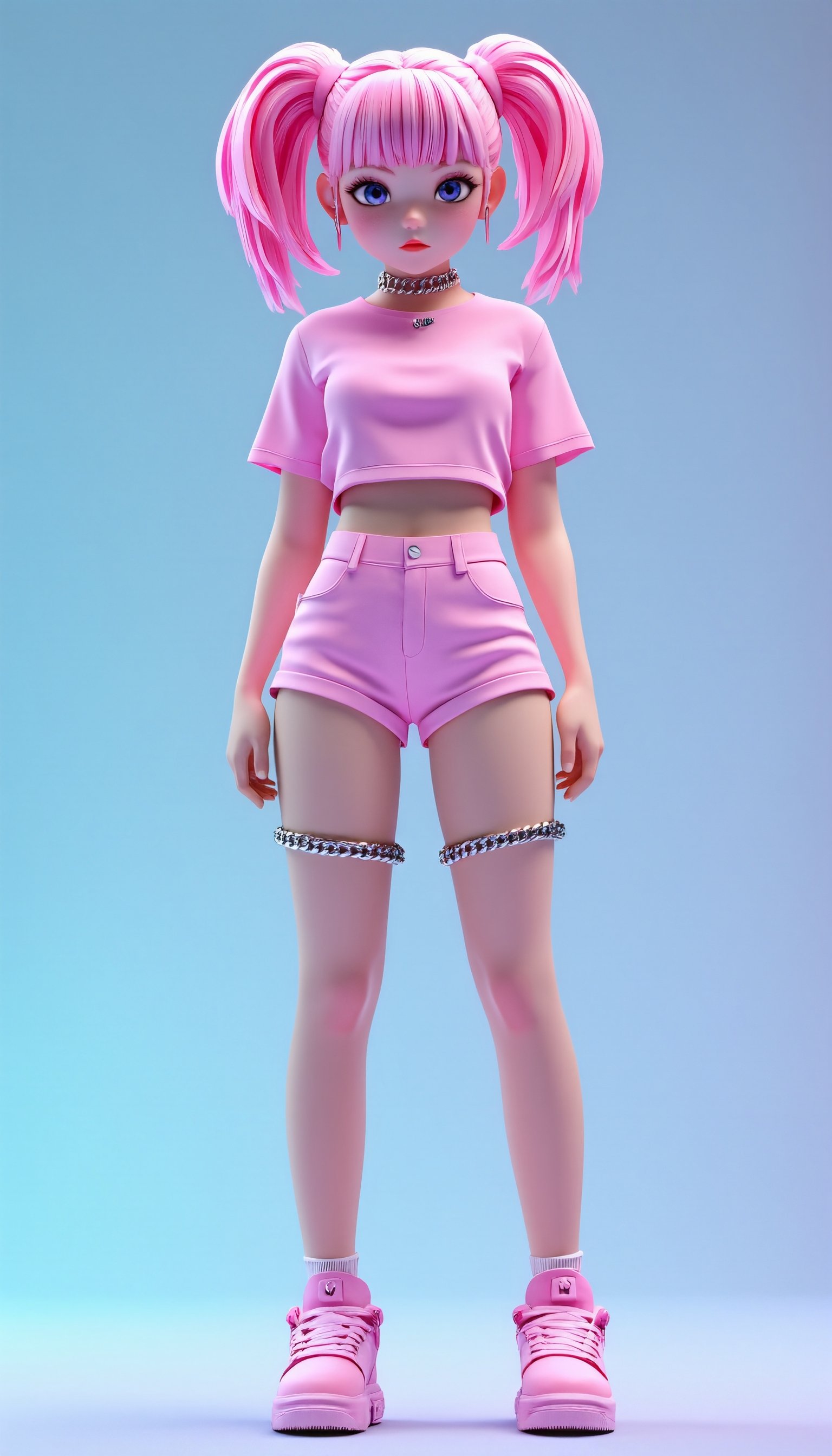 Full-body 3D anime style character,  a stylish girl with pastel pink twin ponytails and bangs,  wearing a matching pink cr...