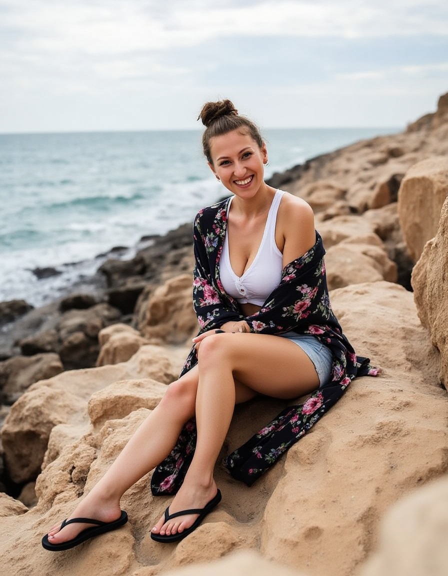 Woman sitting on rocks by ocean,  30s,  light complexion on Tensor.Art