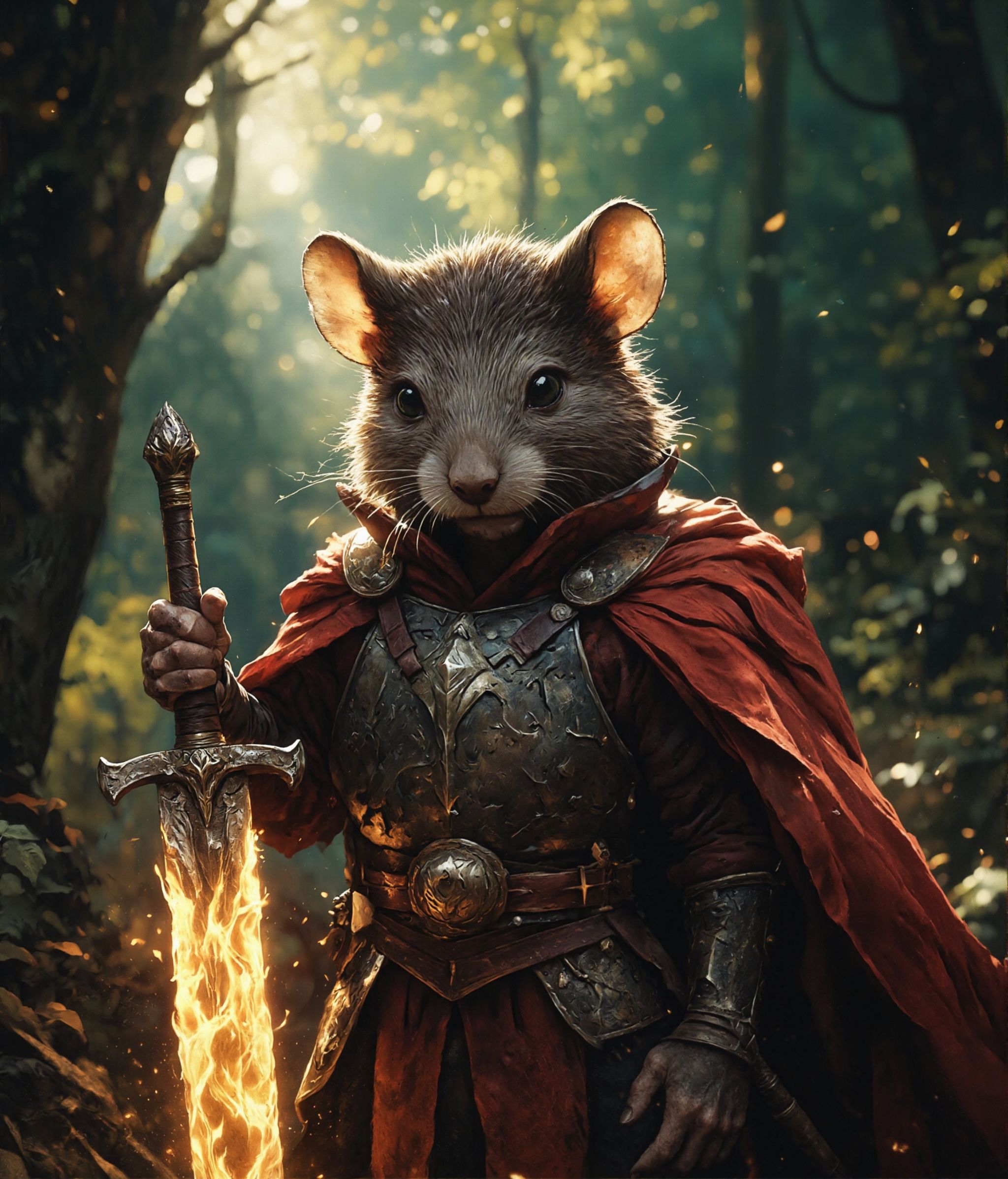 cinematic photo highly detailed portrait of a wise old mouse warrior in a dark woolen cloak with a flaming sword covered i...