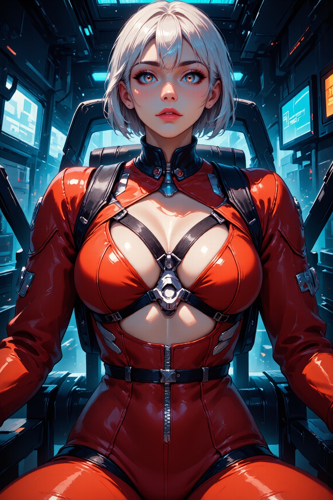 a daring spaceship pilot,  reclines on her captain's chair,  her sleek red form fitted pilot jumpsuit uniform with that ha...