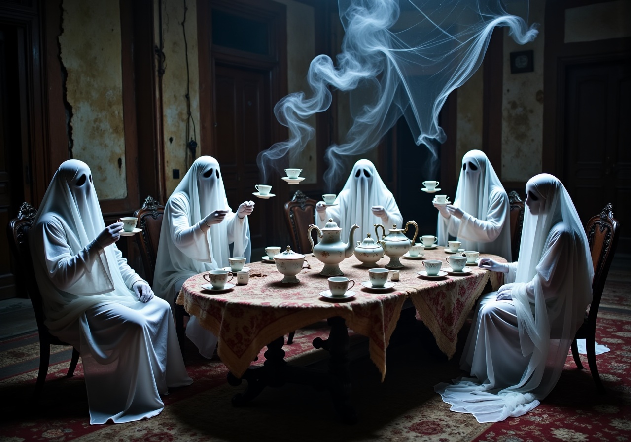 A ghostly tea party: Transparent figures sit around a table in a decaying mansion,  their delicate movements barely distur...