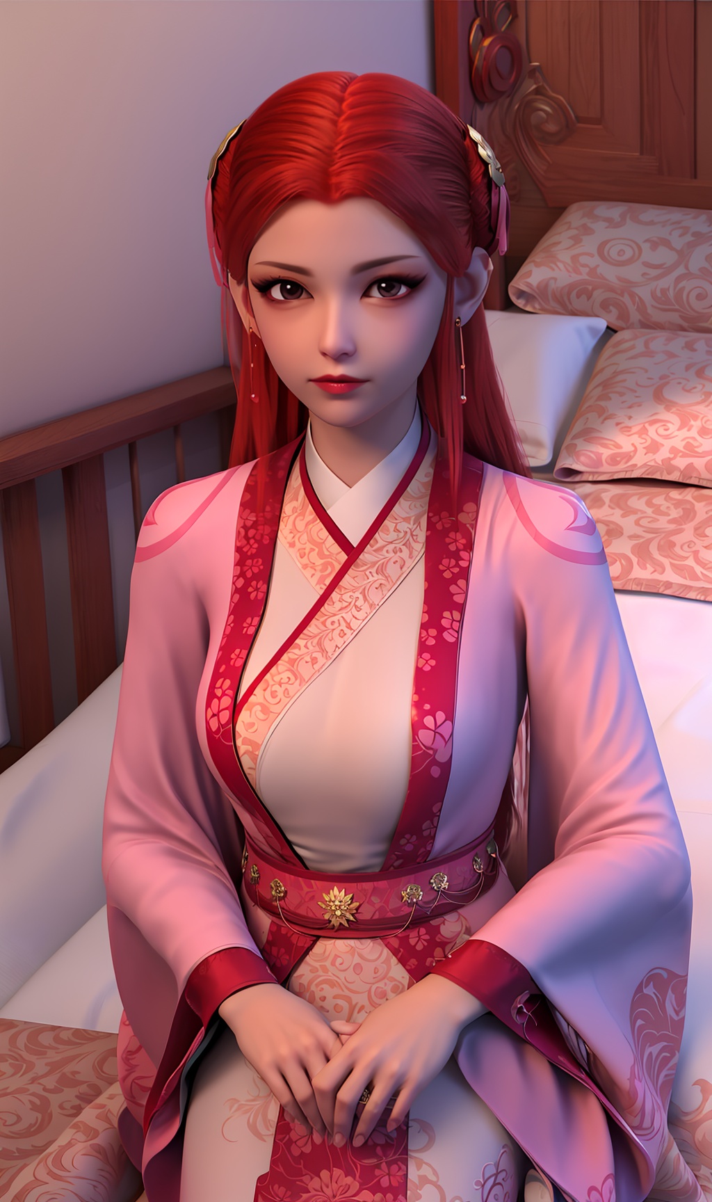 3D,masterpiece,(best quality),(makeup),official art, extremely detailed cg 8k wallpaper,((crystalstexture skin)), (extremely delicate and beautiful),(highly detailed),(face),(1girl), (solo), (jewelry), (earrings),(red_hair),(long_hair),(hair_ornament),(handwear),(breasts),(sitting),(collar),,((upper_body)),(dress),,(multicolored_clothes),(multicolored_dress),(closed_mouth),(traditional_clothes),(long_dress),(sunshine, outdoor,bed),((looking_at_viewer)),((Facing the camera)),, <lora:hipoly3DModelLora_v10:0.3>