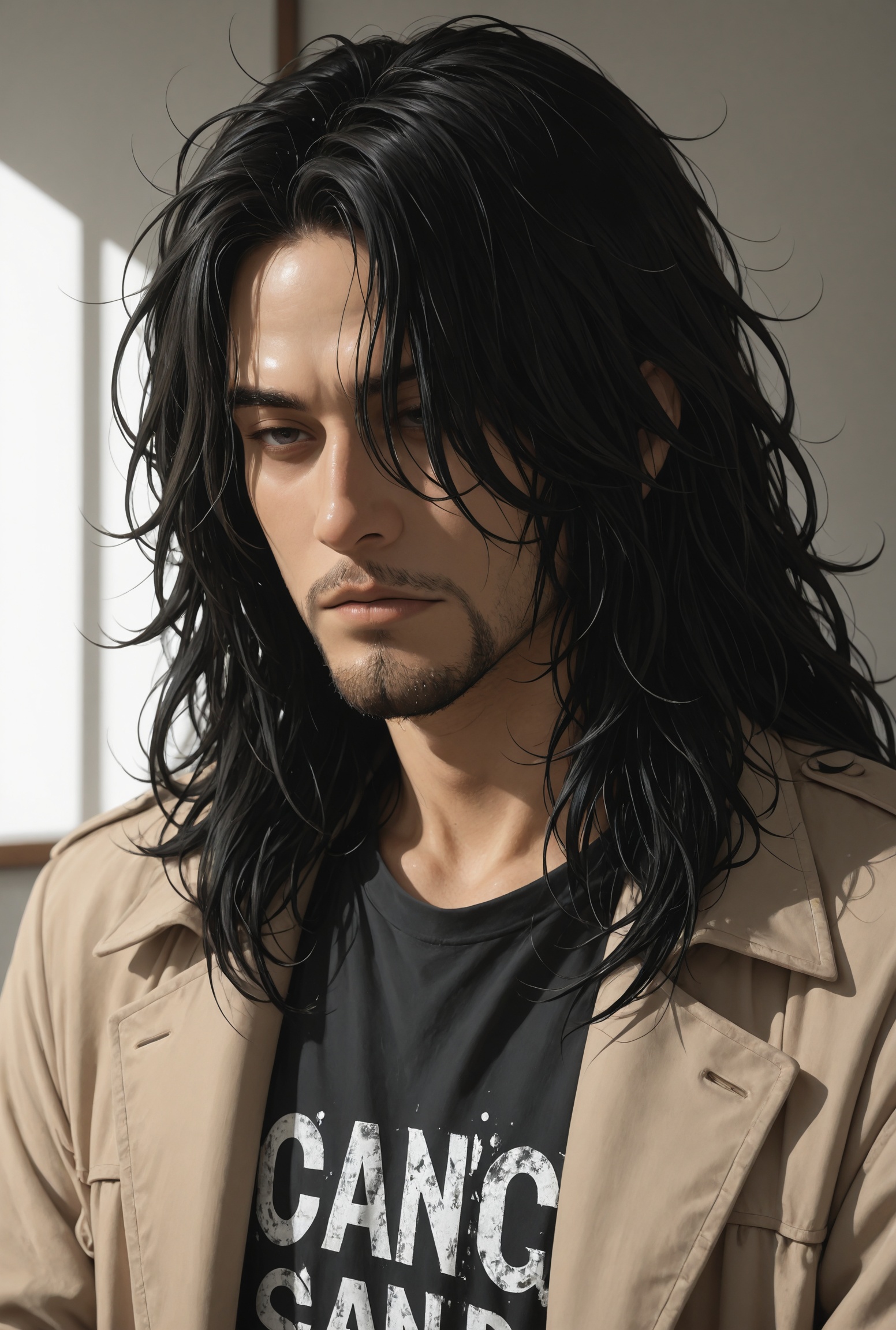 male(crisp skin,  black hair,  long hair on Tensor.Art