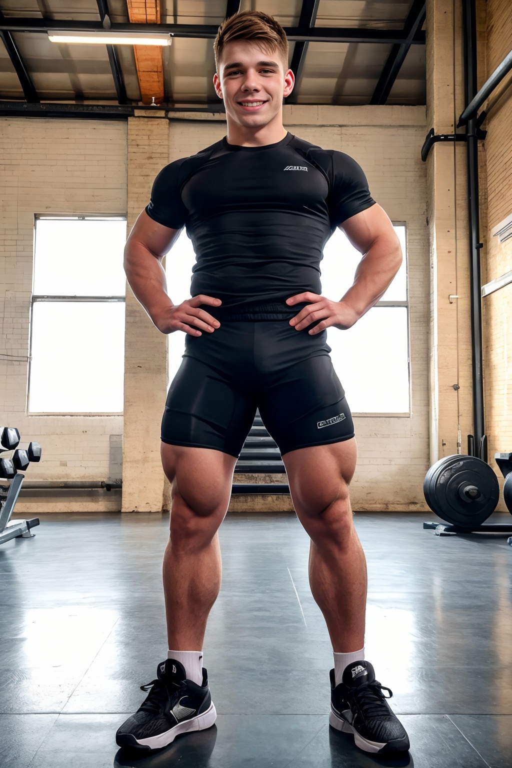 industrial warehouse,  high ceilings and large windows,  gym equipment in the background on Tensor.Art
