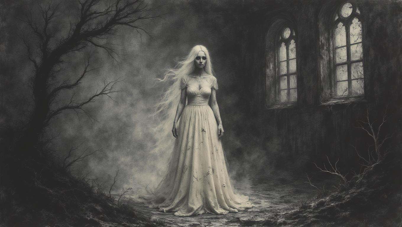 A ghostly bride,  dressed in a tattered and decayed wedding gown,  stands in a ruined chapel. Her once-beautiful dress is...