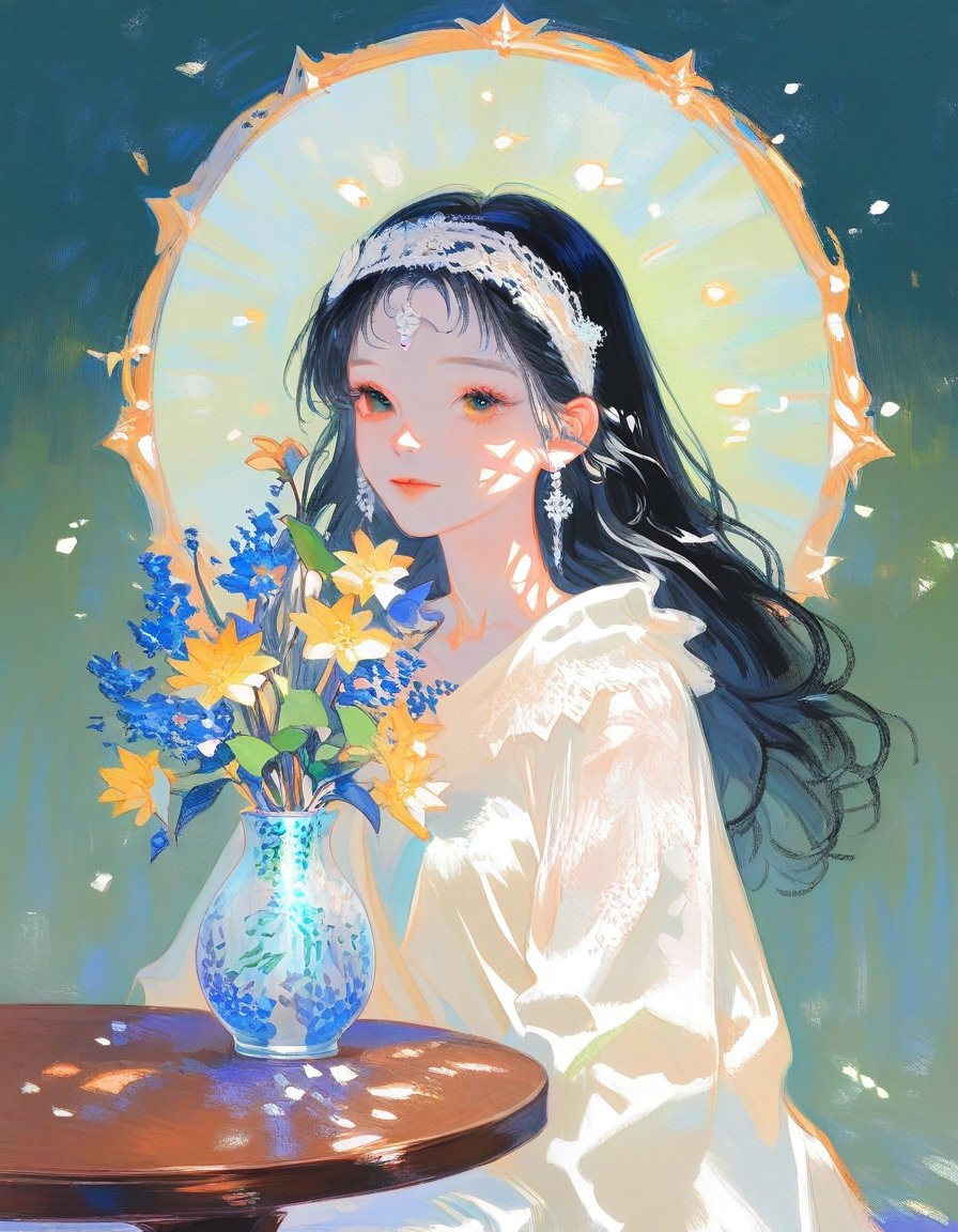 A beautiful girl with long black hair,  wearing white and a green lace headband on her forehead,  sits at the table in fro...