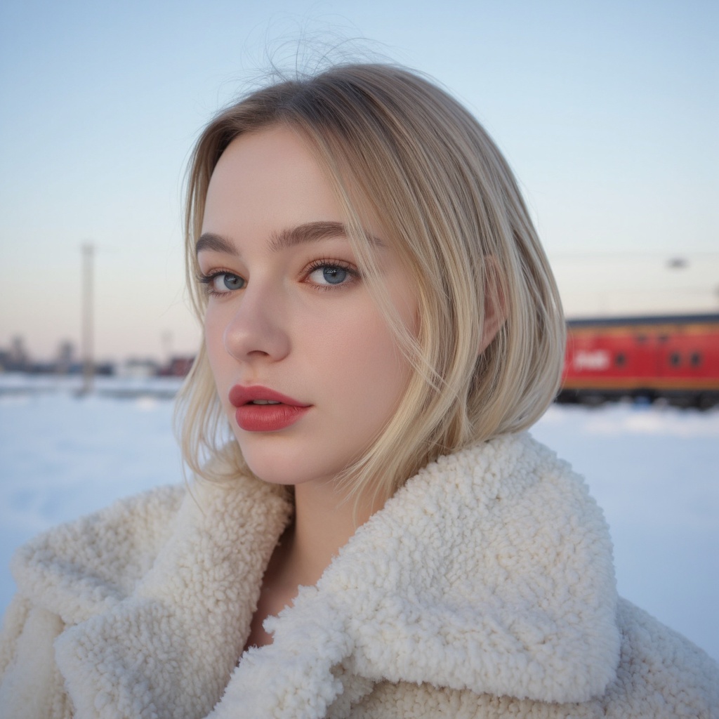 A portrait of dasha_taran with striking blue eyes and blonde hair,  captured in a side profile. She wears a white,  fluffy...