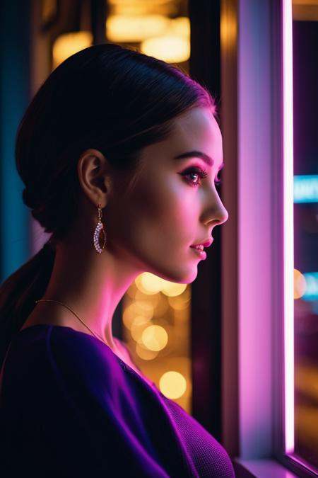 cinematic photo A portrait photography,  neon night,  a girl standing at a window facing the street looking out into the s...