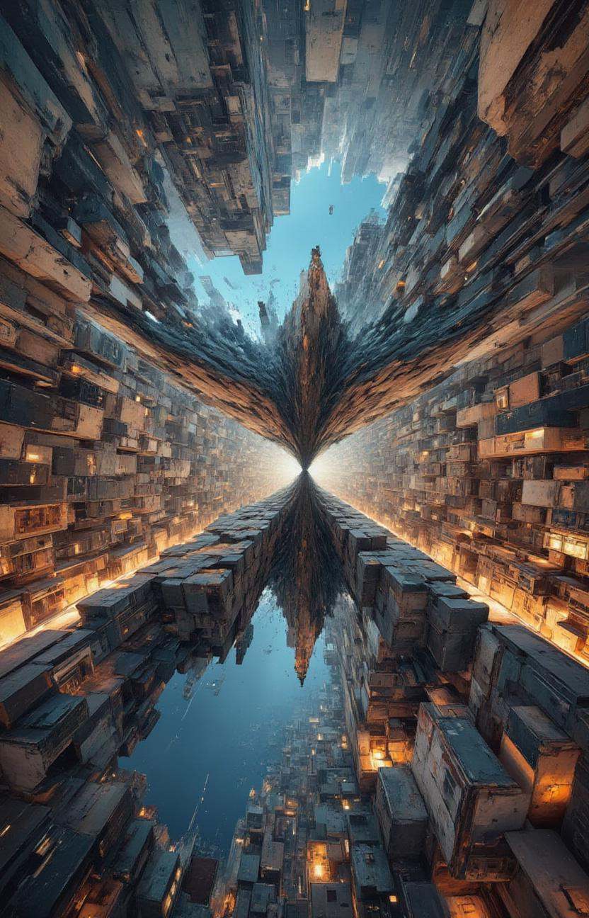a strange and impossible to solve mountain glued to a gravitational motherboard tilted 454,  78 degree upside down,  baffl...