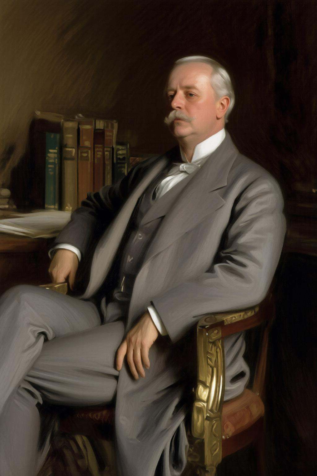 johnsingersargent6q painting.A mustachioed man with white hair in a formal suit is seated with his legs crossed,  leaning...