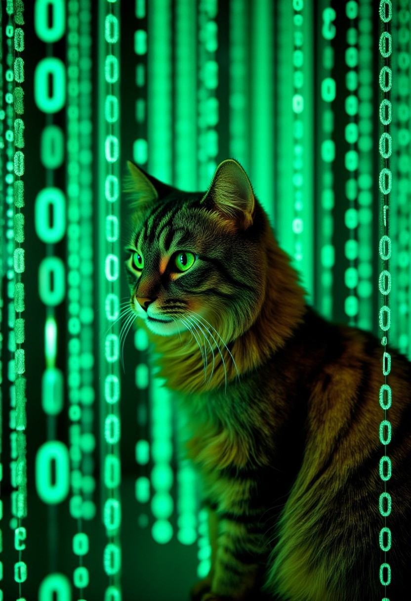 A surreal world made entirely of vertical streams of glowing green binary code (1s and 0s). The focus is close-up,  showca...