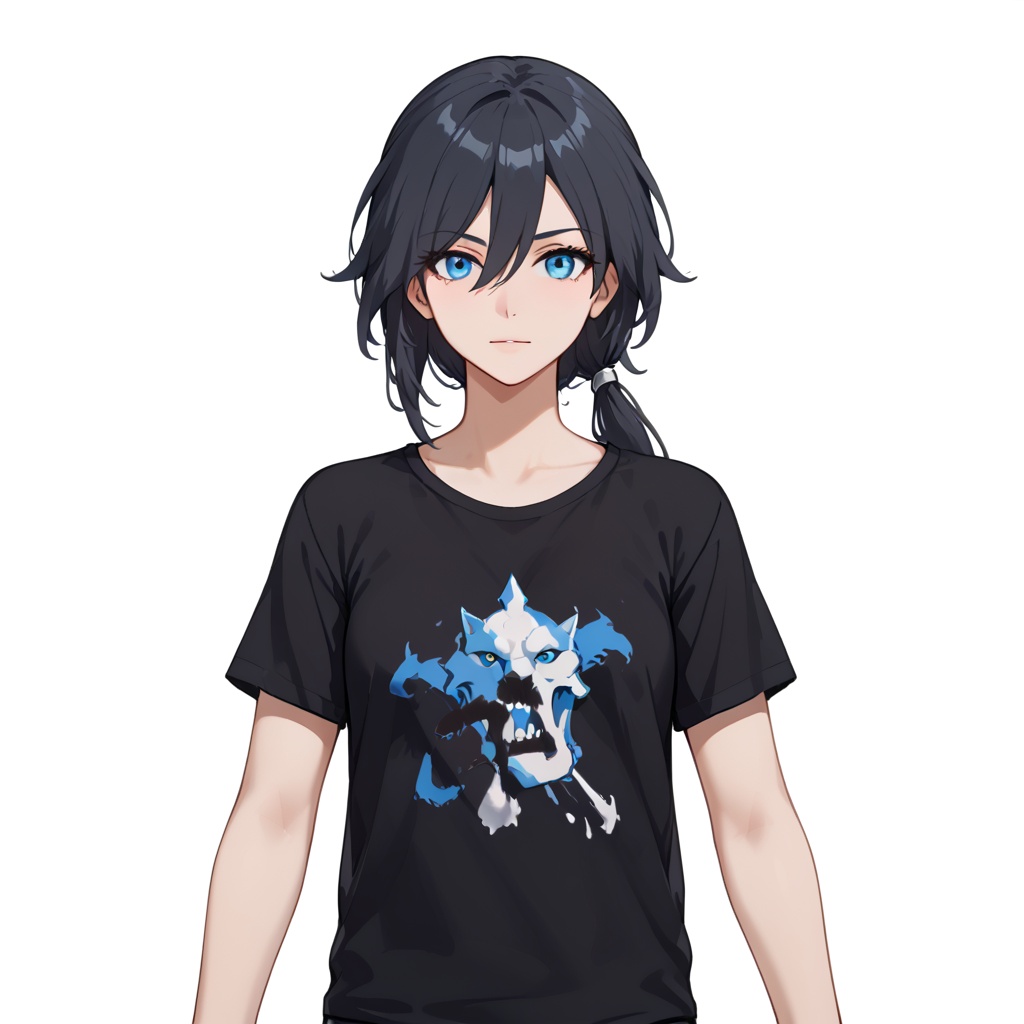 (masterpiece:1.3),(the best quality:1.2),(super fine illustrations:1.2),(Masterpiece),high quality,high detail,(white background:1.2),looking at viewer,(SOLO:1.4),outline,simple background,upper body, cowboy shot,looking at viewer,(((arms at side))),1girl,  ifhua, 1girl, solo, bangs, shirt, hair between eyes, white shirt, short sleeves, long hair, blue eyes, black hair, fu hua, t-shirt, ponytail<lora:ponyfhif:0.8>