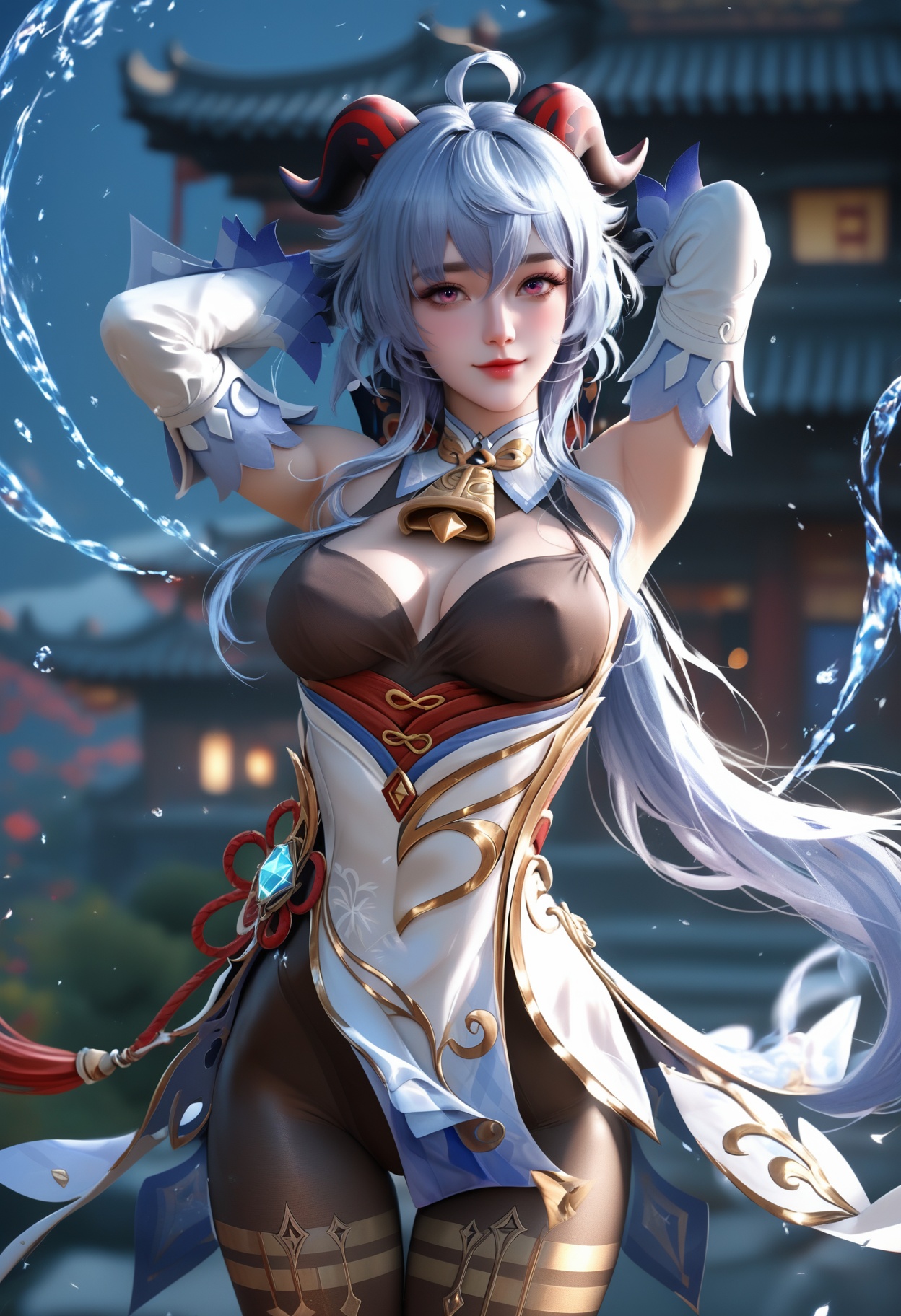 score_9,score_8_up,score_7_up,score_6_up,highres,night,aesthetic,blush,(large breasts,big ass,large thigh,thigh gap,large hips,thin waist),k-pop idol,miss korea,korean beauty,BREAKmasterpiece,raw,realistic,high-resolution,(detailed),(photograpy),(photorealistic),(cowboy_shot:1.2),seductive smile,large breasts,depth of field,wide_shot,round breasts,breasts together,cleavage,BREAK1girl,ganyu (genshin impact),solo,horns,long hair,blue hair,detached sleeves,ahoge,gloves,bell,neck bell,purple eyes,bare shoulders,bangs,looking at viewer,breasts,sidelocks,smile,white sleeves,medium breasts,gold trim,tassel,standing,chinese knot,low ponytail,pantyhose,arms_behind_head,