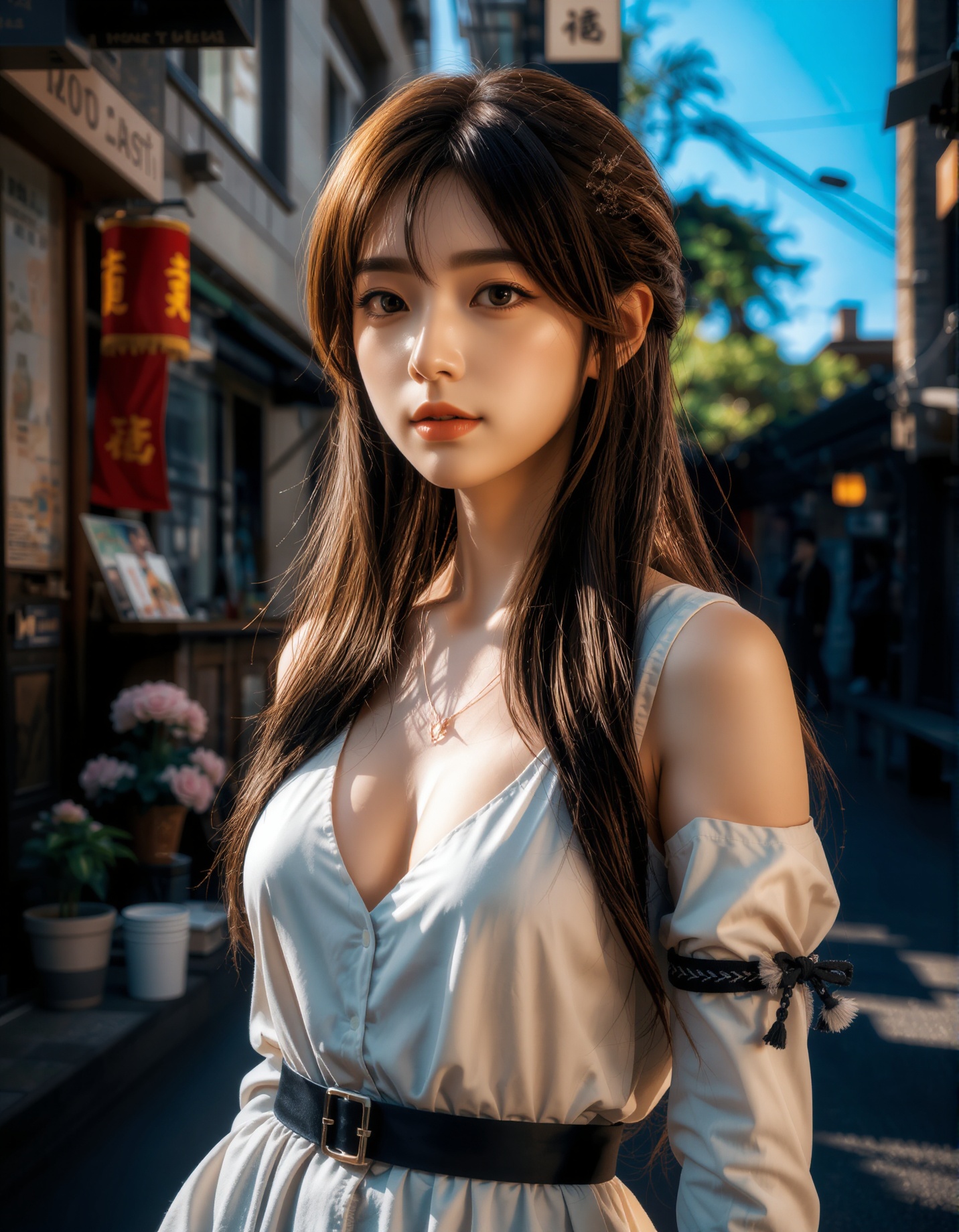 A photograph of an incredibly beautiful 18-year-old girl with long,  stylish gradient brown hair,  standing confidently at...