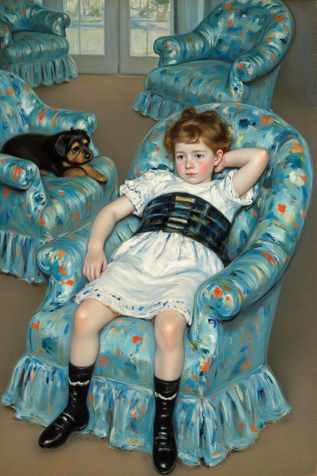 marycassatt1 painting.a young girl lounging in an armchair with a similar chair and a small dog nearby,  set against a sof...
