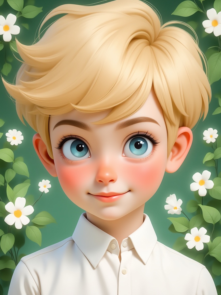 niji style,  a young boy with blonde hair. The boy's blonde hair is styled in a bow at the top of his head. His eyes are a...