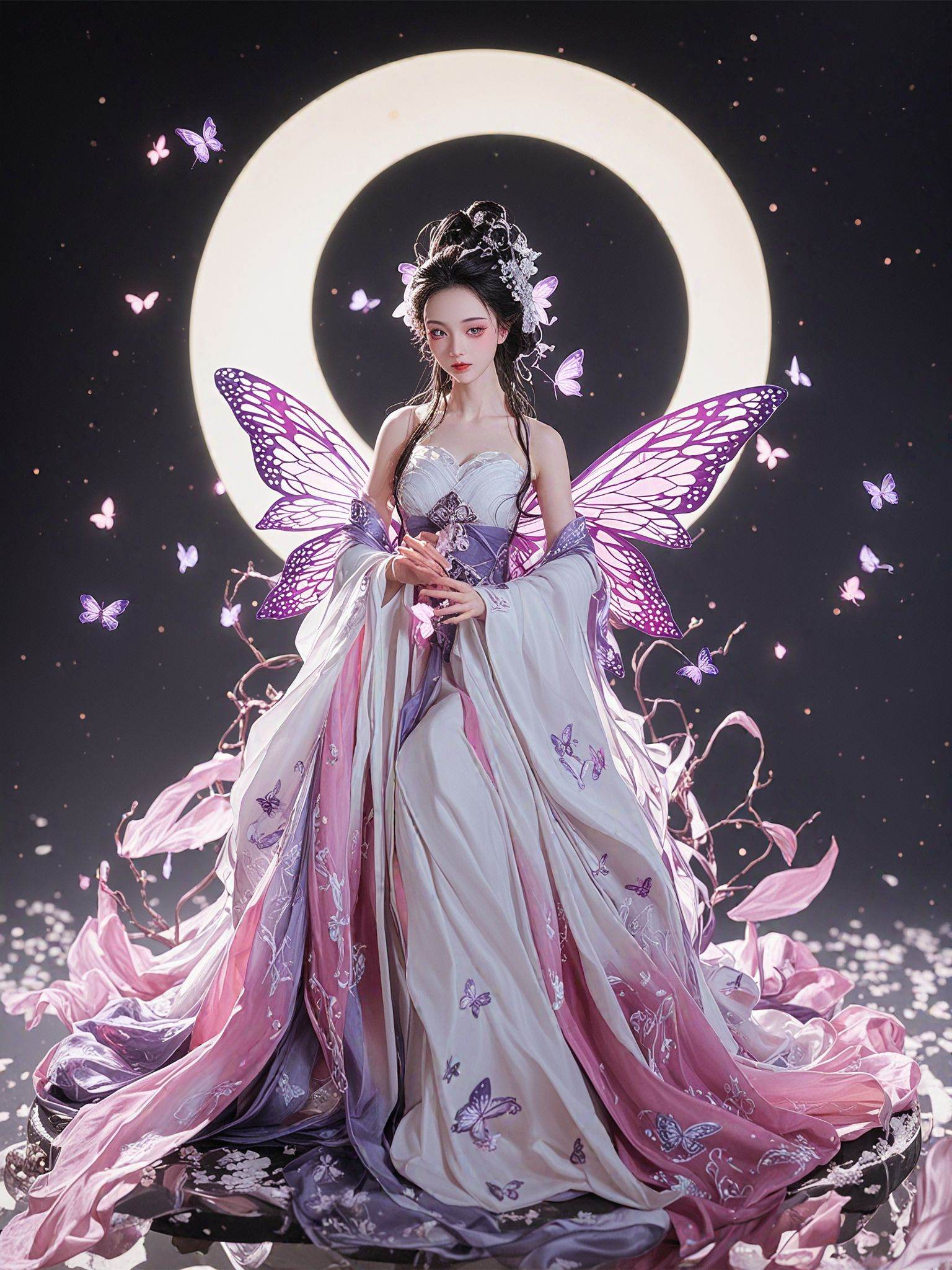 score_9,score_8_up,score_7_up,score_6_up,score_5_up,score_4_up,youhuohanfu,this image captures a figure adorned in traditional Chinese attire,with a flowing white garment embellished with intricate patterns and details. A large,luminous full moon serves as a majestic backdrop,while ethereal butterflies with wings tinged in shades of purple and pink flutter gracefully around the figure,creating a dreamlike,enchanting atmosphere.,