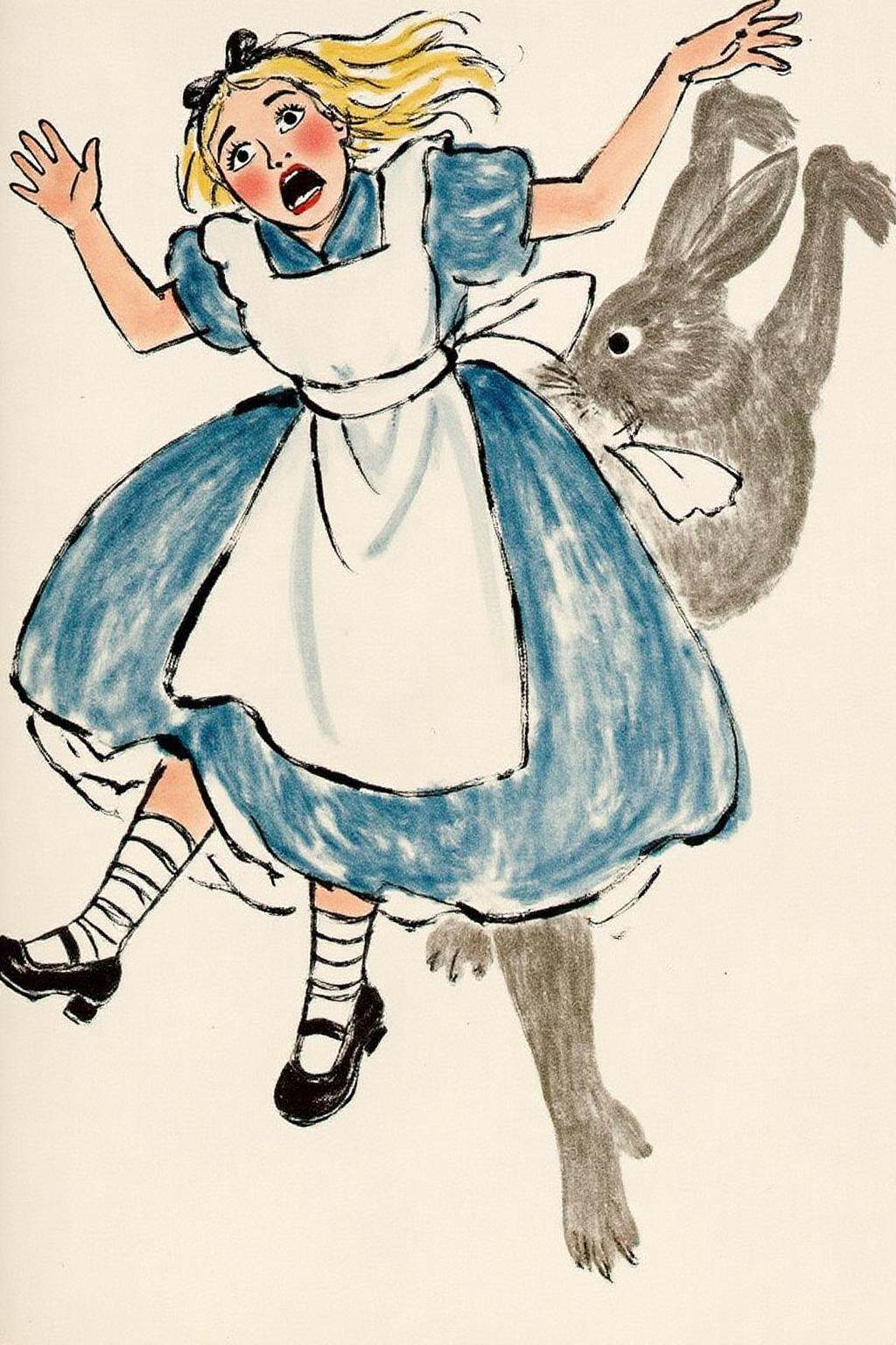 qbs1 ink wash painting.Overhead view of Alice in Wonderland falling into the rabbit hole,  with her legs dangling beneath...