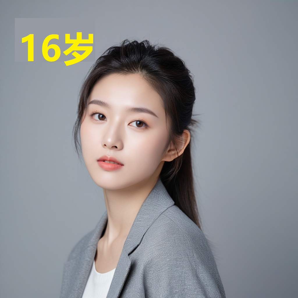 leogirl,A 16-year-old woman,portrait photo,facial focus,photo taken,fashionable and simple,Chinese ethnicity,soft gray background,natural lighting,high-resolution clarity,contemporary portrait,gentle,fashionable and avant-garde,simple accessories,details with strong contrast between skin color and neutral background,looking at the audience,
