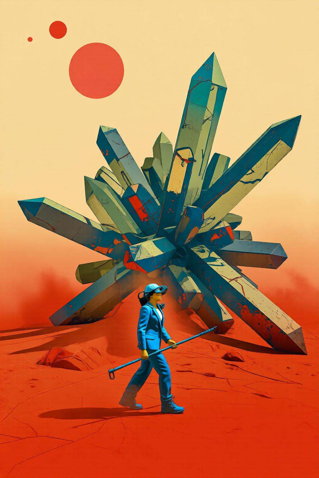 pascalblanche2q illustration. An figure walking on a reddish,  sandy terrain. She is wearing an orange and blue suit and h...