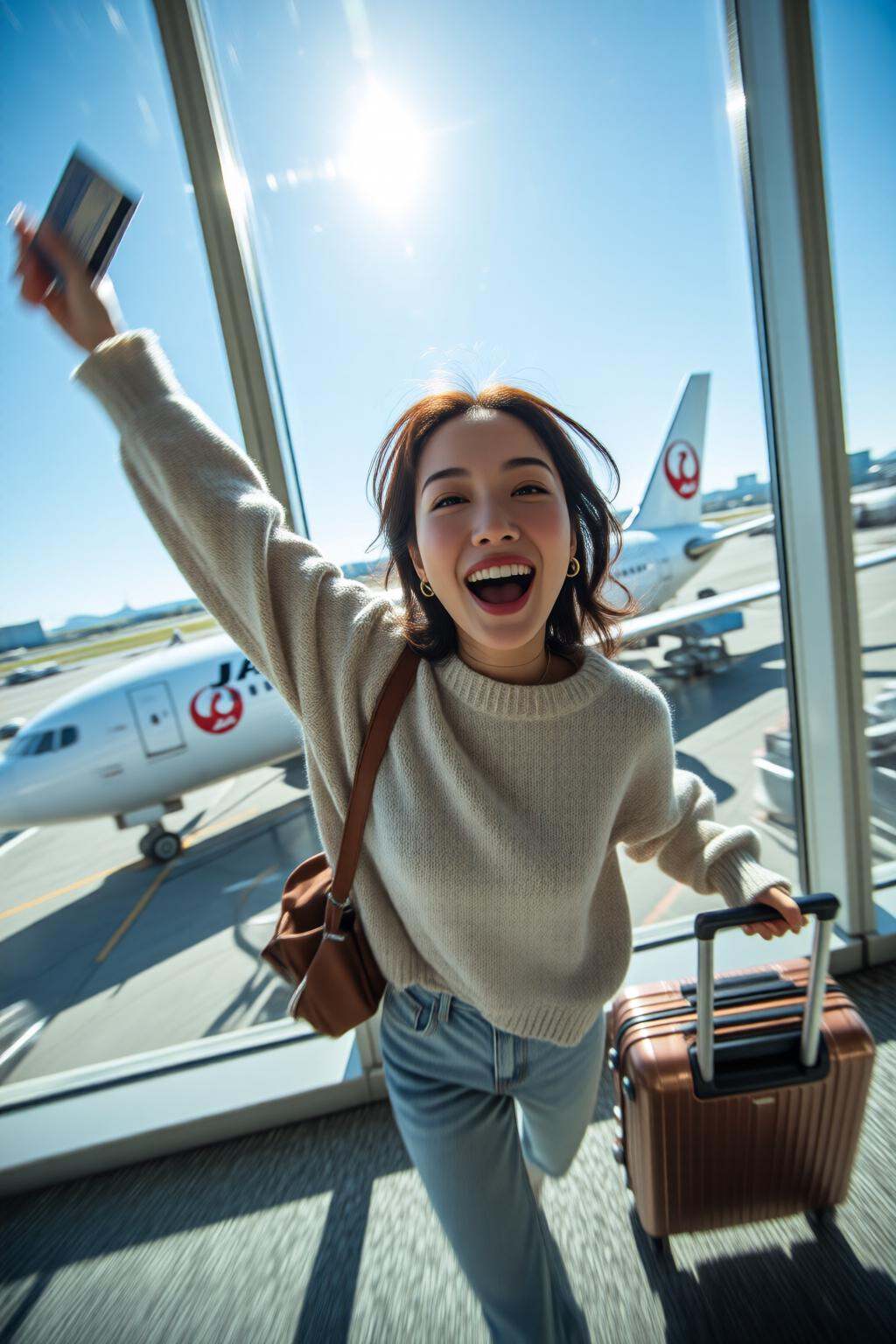 midjourneyhighangle13q High angle view.A young Asian woman in a light-colored sweater and jeans,  running in an airport te...