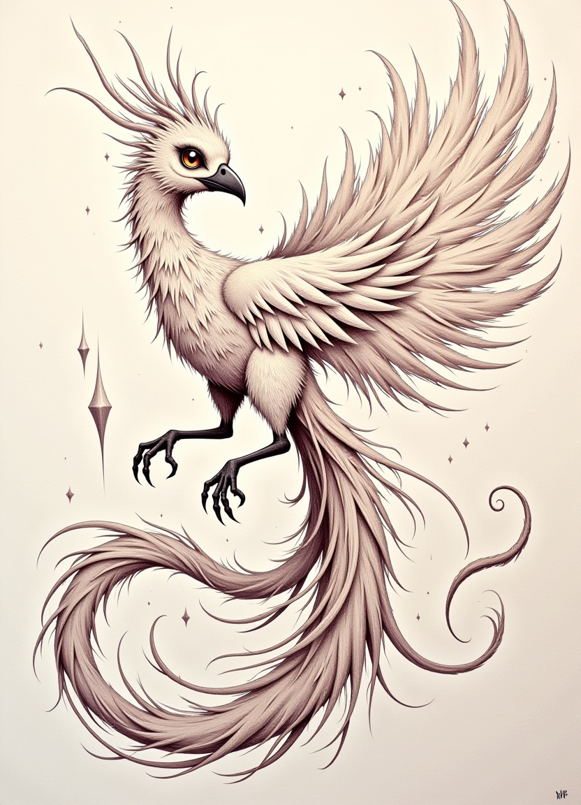 phoenix with style: A fluid irregular line stroke pastel drawing featuring neutral colours,  enhanced with structured shad...