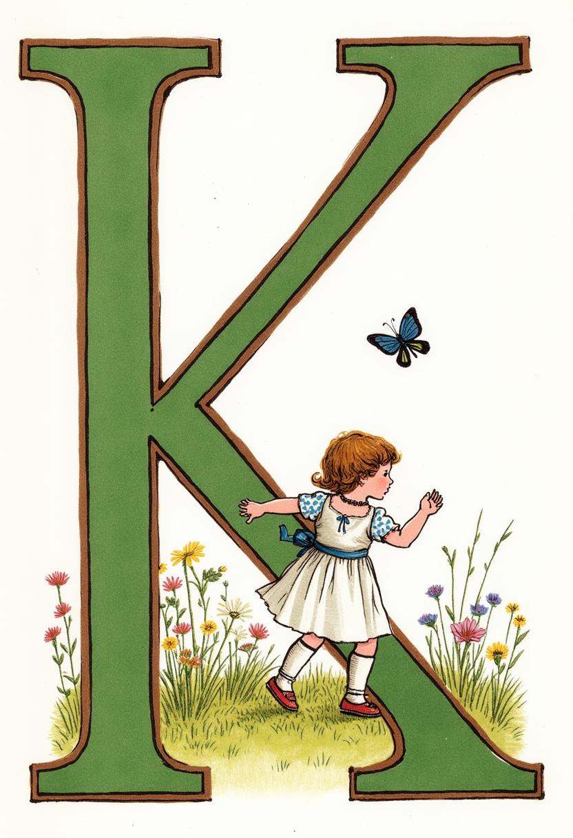 watercolor and ink illustration by Kate Greenaway. Features large green letter 'K' with brown border,  showcasing a girl c...