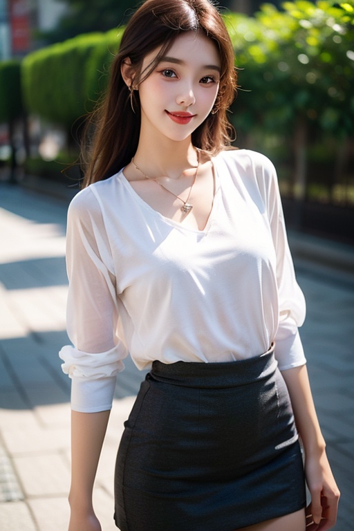 1girl,smile,miniskirt,transparent shirt,necklace,jewelry,flower,outdoor,the most beautiful image ever seen,realistic,uhd,RAW,sharp focus,photorealistic,best quality,korea,ultra high res,masterpiece,