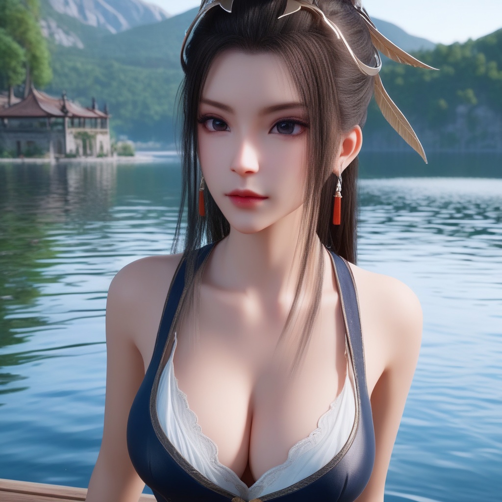 <lora:835-DA-XL-晏琉璃-婚服:0.8>, (,1girl, ,best quality, ),,  ,ultra detailed 8k cg,   ,masterpiece, (( , )) , lake,upper body,   (cleavage),,  (),