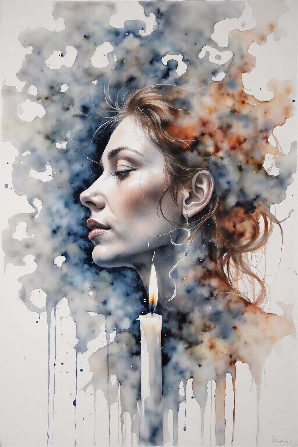 yawc1 watercolor.Wisps of smoke rising from a candle in the form of a woman's profile on Tensor.Art