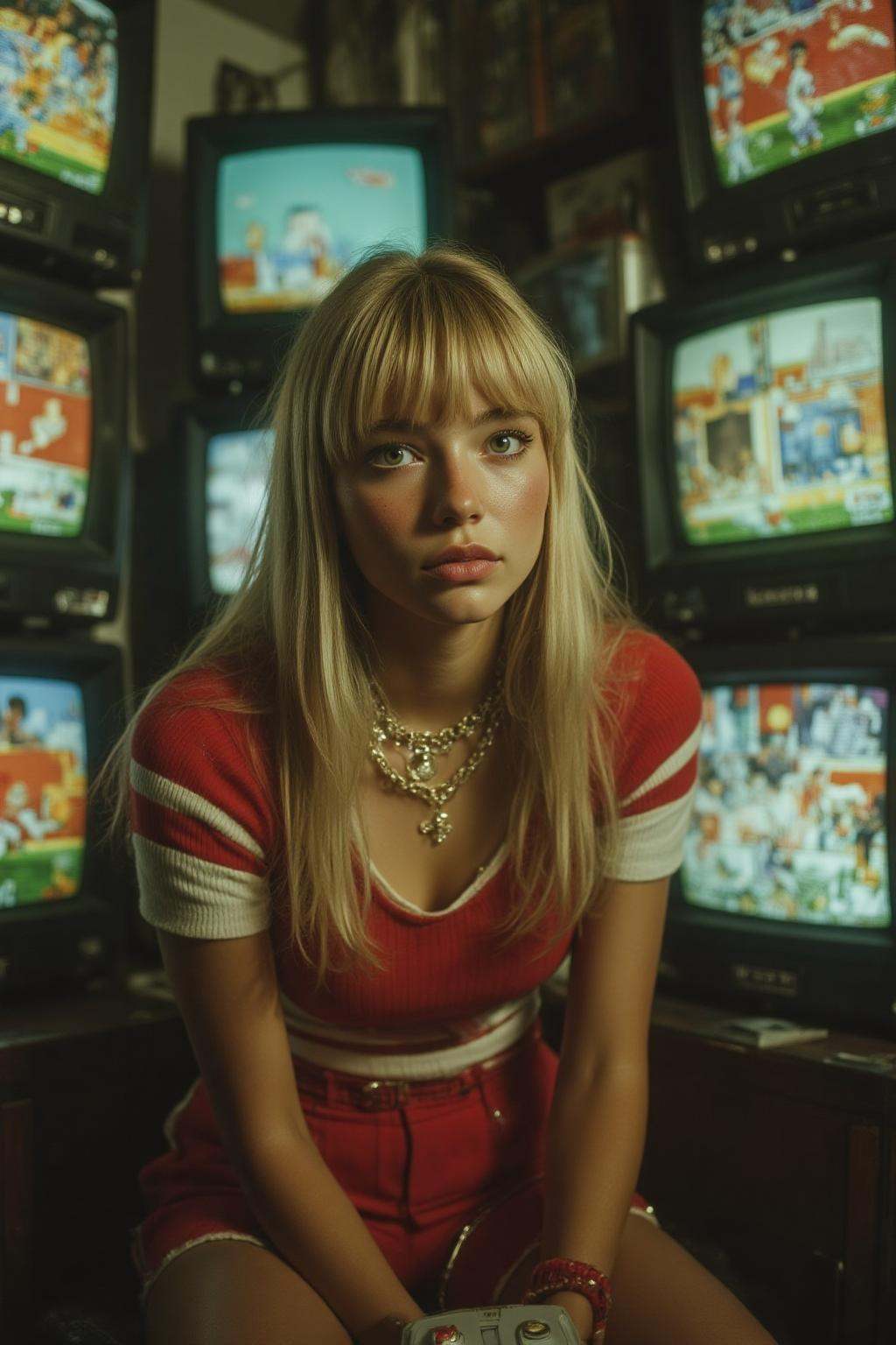 midjourney analog photograph. A retro-inspired scene featuring a stylish young woman with bangs,  long straight blonde hai...