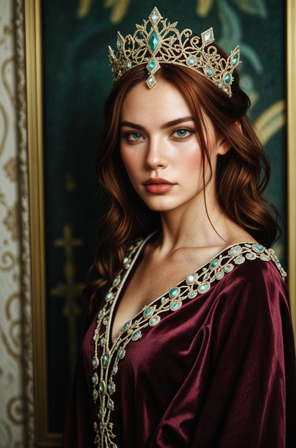 portrait of a regal woman with long,  wavy auburn hair draped over her shoulders. She has a fair complexion with striking...