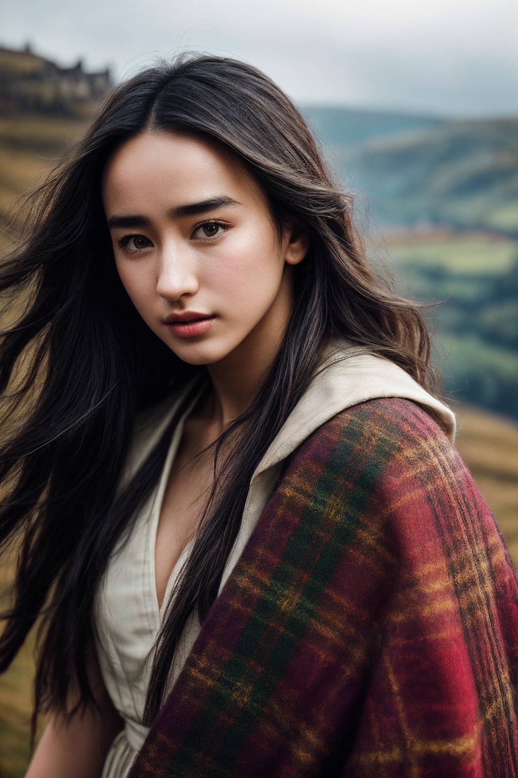 VandaM_SoloTI_v1,  (In a simple,  rustic dress with a plaid shawl and wild on Tensor.Art