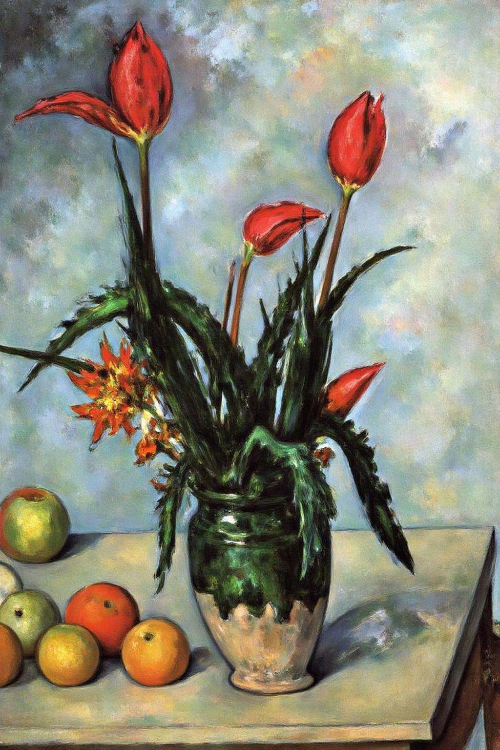 pau1cez painting.still life composition featuring a bouquet of flowers and a selection of fruit. on Tensor.Art