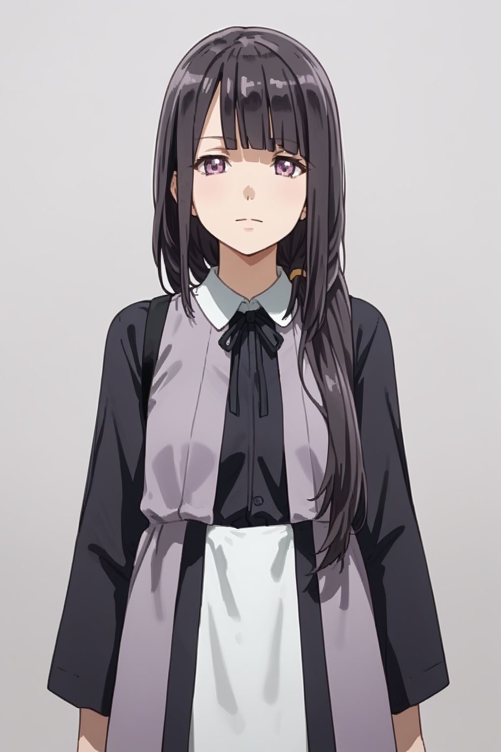 mori fumika, 1girl, solo, long hair, brown eyes, bangs, blunt bangs, black hair, purple eyes, hair over shoulder<lora:senwenhua:0.8>