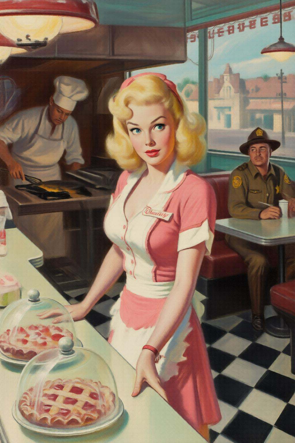 walterbaumhofer2q illustration.Silmas. A waitress named "Chastity" standing behind the formica counter of a sun-drenched,...