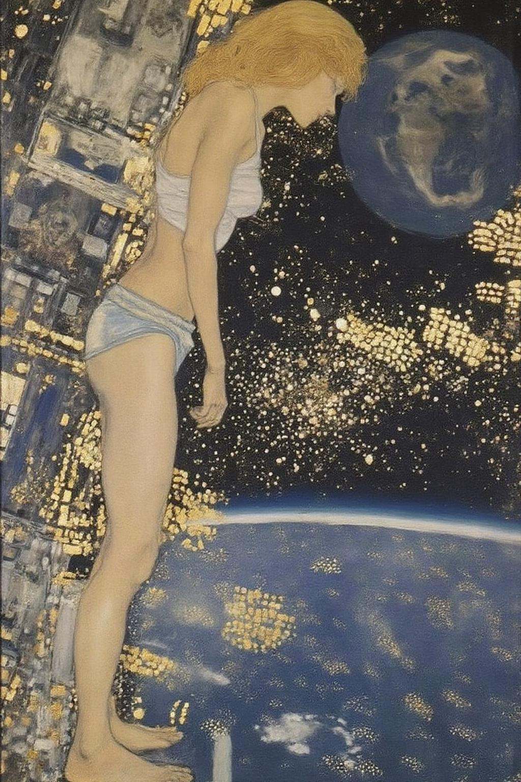 kl1mt painting. Profile view of a blonde,  floating weightless,  space station. She is wearing short shorts on Tensor.Art