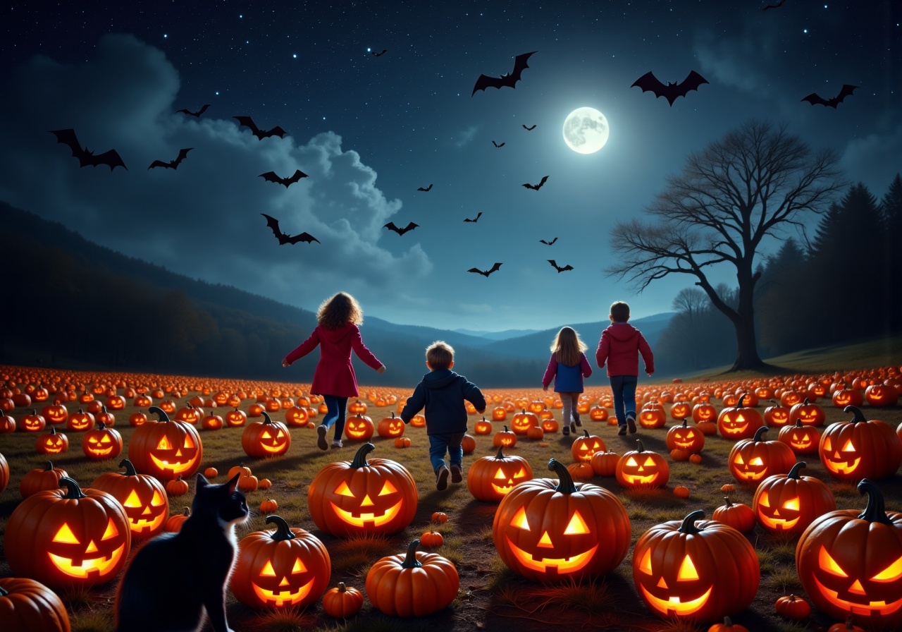 A pumpkin patch under starlight: Rows of jack-o’-lanterns light up the field,  their carved faces flickering with inner fl...