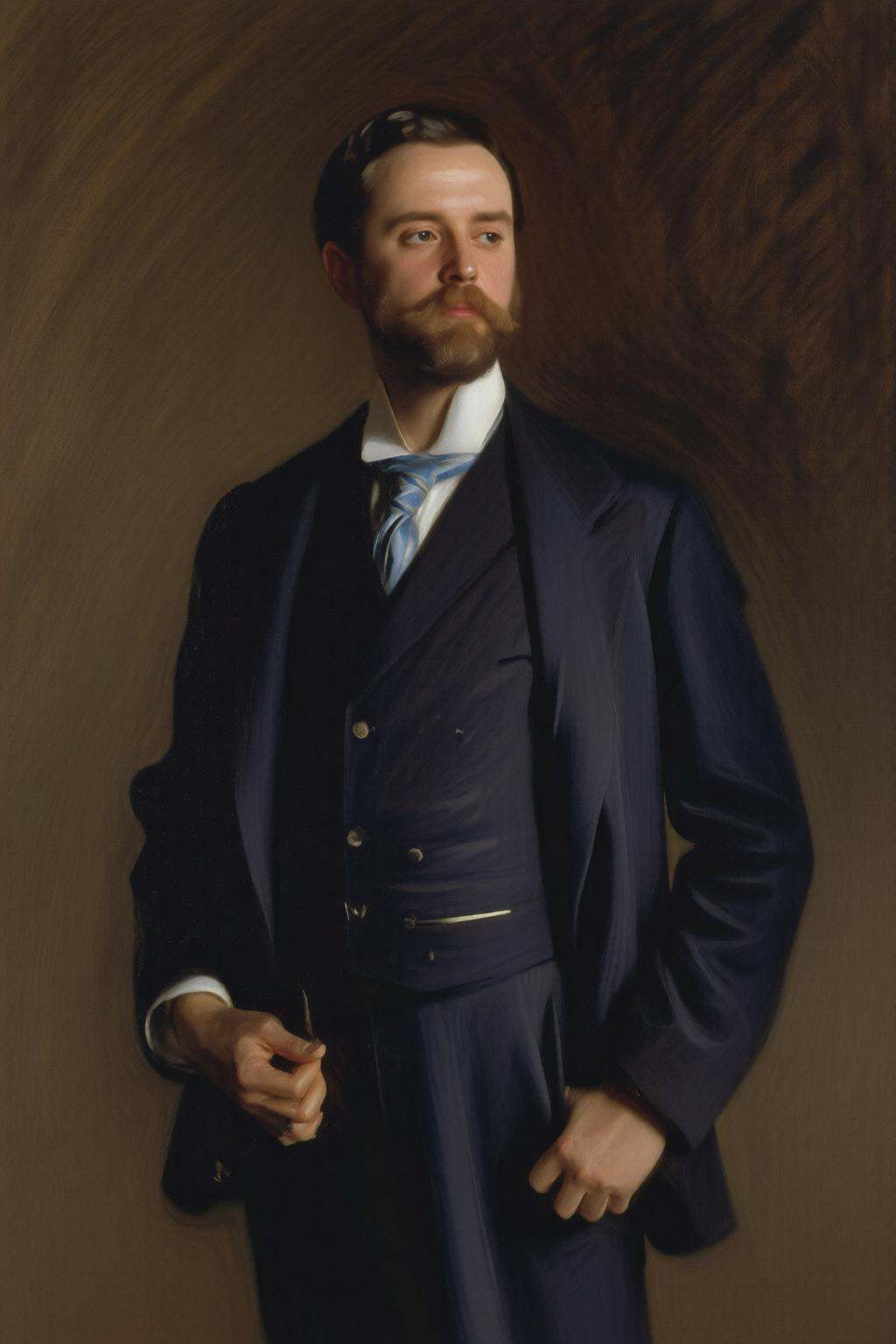 johnsingersargent6q painting.Portrait of a bearded man in a dark blue suit,  matching trousers,  vest on Tensor.Art