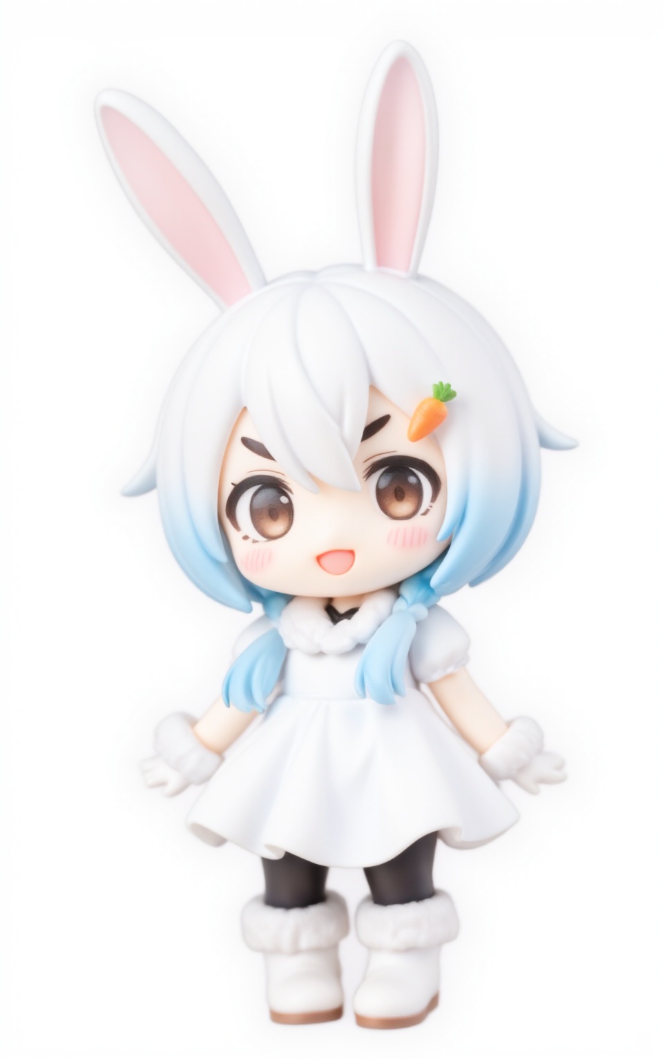 pvcstyle,1girl,black pantyhose, solo, short eyebrows, low twin braids, long hair, very long hair, boots, animal ear fluff, white gloves, animal ears, full body, v-shaped eyebrows, chibi, white background, dress, fur-trimmed gloves, multicolored hair, rabbit, rabbit girl, short sleeves, gloves, open mouth, simple background, thick eyebrows, hair ornament, puffy sleeves, brown eyes, white dress, smile, white hair, rabbit ears, blush stickers, pantyhose, braid, puffy short sleeves, black gloves, twin braids, blue hair, virtual youtuber, fur trim, :d, carrot hair ornament, two-tone hair, fur-trimmed boots, white footwear, standing, food-themed hair ornament,masterpiece, newest, absurdres, safe<lora:pvcstyle:1>​​​