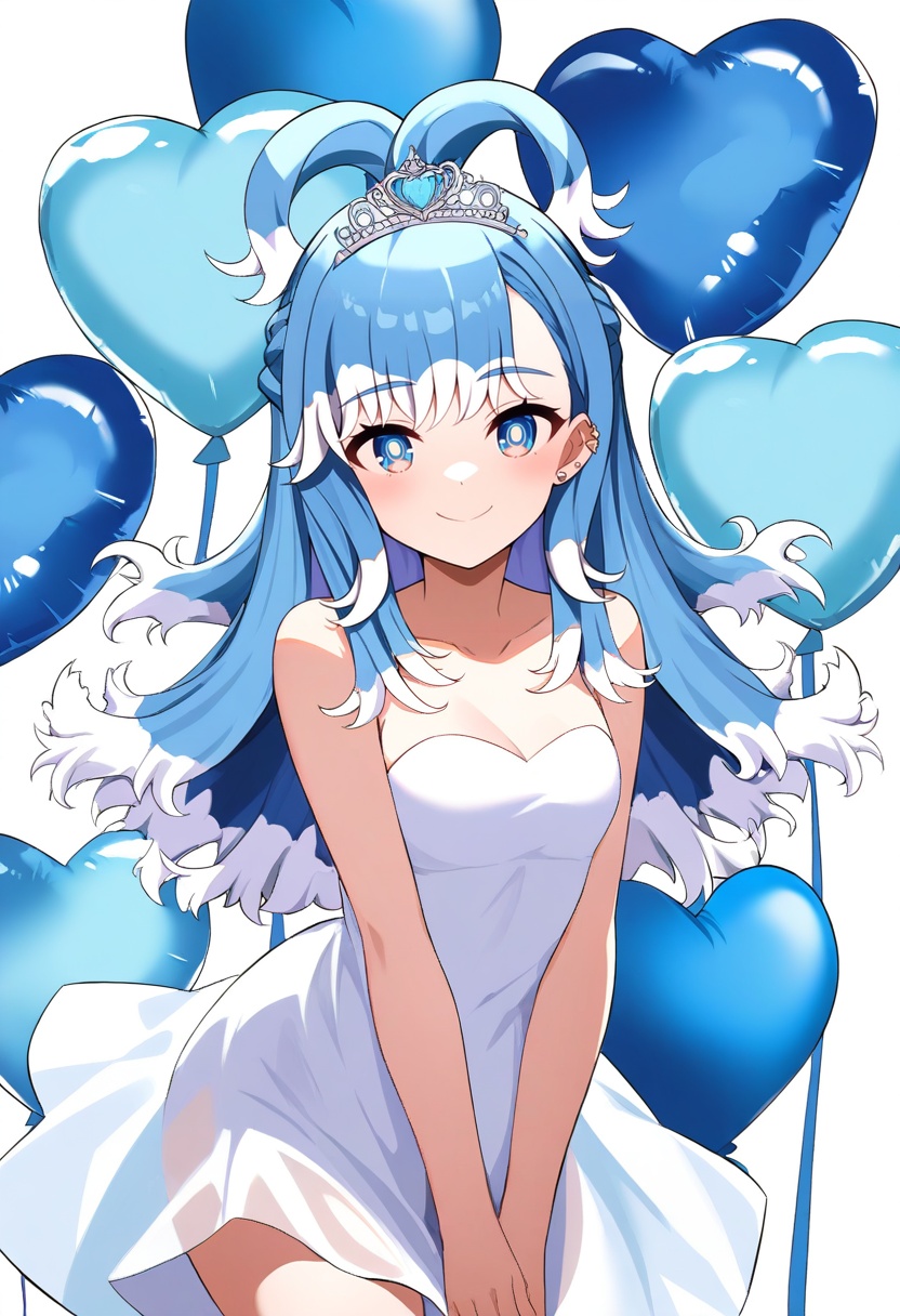1girl, kobo kanaeru, hololive, hololive indonesia, alternate costume, balloon, birthday, blue eyes, blue hair, blue theme, dress, heart balloon, long hair, looking at viewer, multicolored hair, smile, solo, tiara, two-tone hair, virtual youtuber, white dress, white hair, masterpiece, high score, great score, absurdres