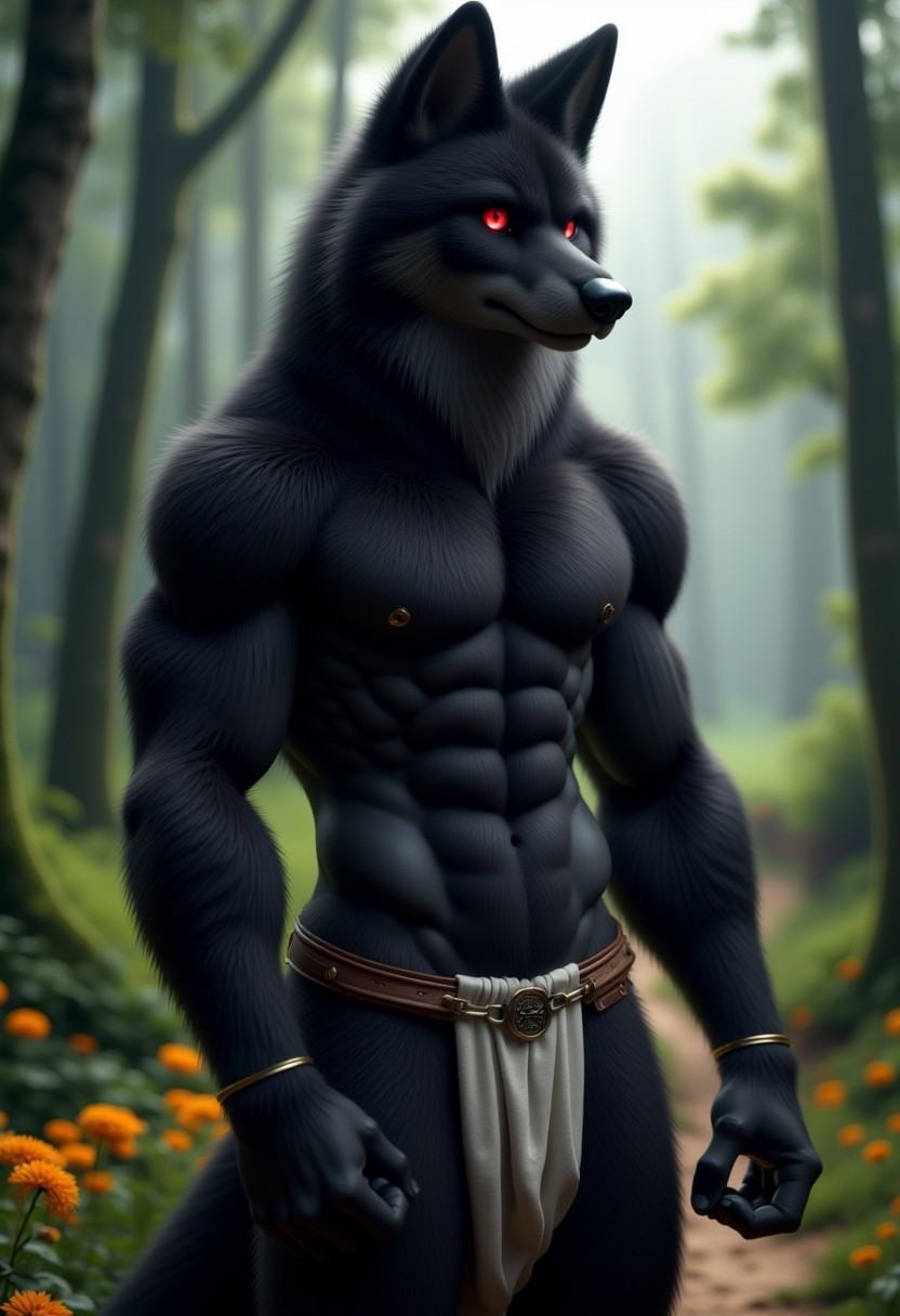 best quality, masterpiece, 1male, perfect black wolf muscular, masculine, detailed face, detailed red eyes, (wearing sexy only loincloth:1.4), skinny body (small waist), mid-shot:1.4, standing, a background of a village in the forest,